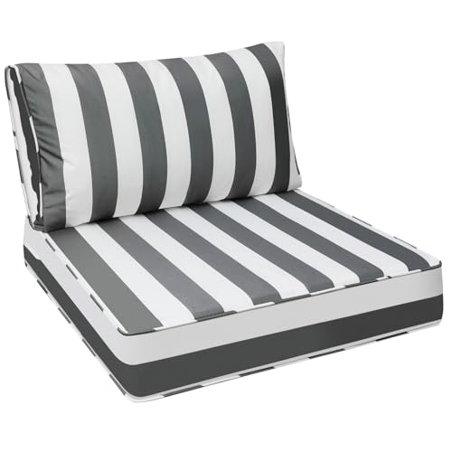Image of AAAAAcessories Outdoor Seat Cushions for Chairs, Fade-Resistant, Waterproof Patio Furniture Replacement Cushions, 24 inch x 24 inch x 5 inch + 24 inch x 13.5 inch, Gray Cabana Stripe