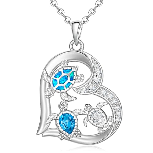 Turtle Necklace for Women 925 Sterling Silver Opal Sea Turtle Pendant Necklace Heart Ocean Necklace Gifts for Beach Lovers, Mother's Day, and Ocean-Themed Events
