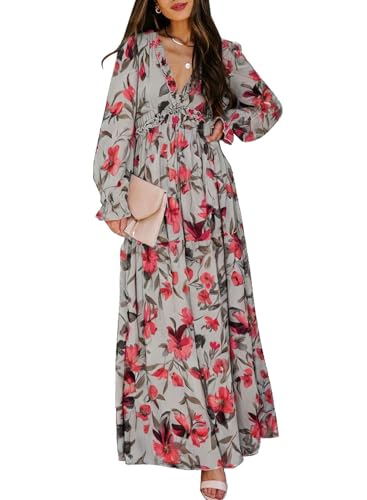Image of BLENCOT Womens Casual Boho Floral Printed V Neck Long Sleeve Long Maxi Dress Spring Summer Dresses