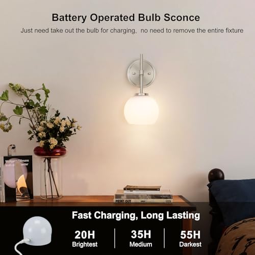 Image of Brushed Nickel Battery Operated Wall Sconce Set of 2, Wireless Rechargeable Sconces Wall Lighting with Remote Control, LED Wall Lights with Opal White Glass Shade, 12 Colors RGB & 3 CCT Bulb