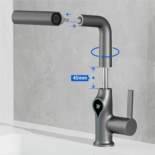 Mitigeur de lavabo extractible avec affichage de température LED et jet cascade - 5