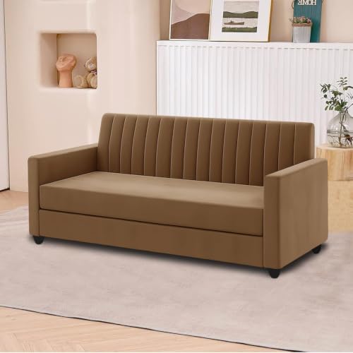 Image of 3+2 Velvet Fabric Sofa Set with Ottoman for Living Room | Modern Five-Seater Sofa Couch | with Soft Cushion, Premium Velvet Fabric - Golden Color