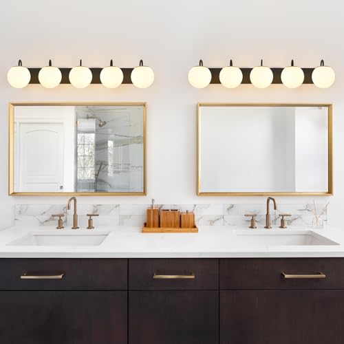 Image of Vintage Matte Black Bathroom Vanity Light Fixtures Over Mirror 5 Lights