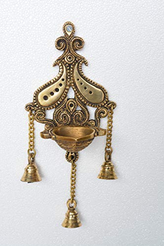 Aakrati Decorative Wall Hanging Brass Diya, Oil Lamd , Deepam With Bells In Glossy Black Antique Finished #TOP1
