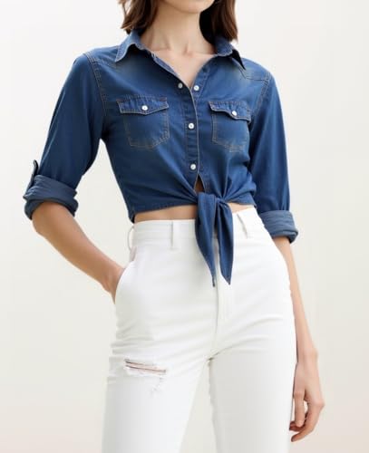 Simier Fariry Womens Tie Front Denim Shirt Summer Lightweight Jean Tops Roll Up 3/4 Sleeve Button Down Fall Cute Outfits 5
