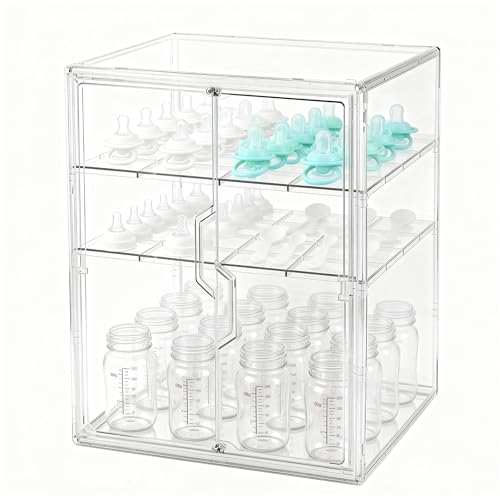 Image of Baby Bottle Organizer, 3-Tier Bottle Storage for Countertop with Double Magnetic Doors, Clear Plastic Bottle Station Organizer Mom Gifts with 2 Dividers for Kitchen, Bathroom, Cabinet, Vanity