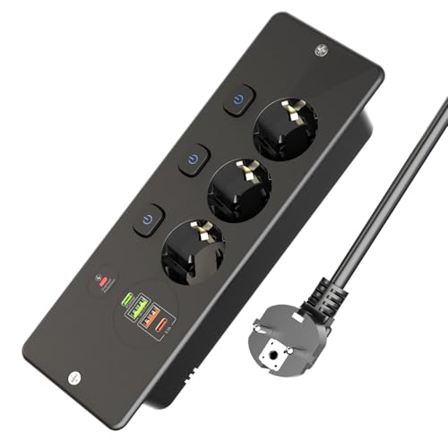 Presa da Tavolo a Scomparsa con 4 USB, BOCHLION Ciabatta Multipresa con Interruttori Indipendenti, PD20W e QC3.0 Ricarica Ciabatta Elettrica Multipresa con Protezione Sovratensione Cavo 1.8m-Nero