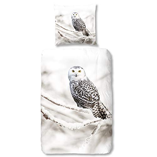 Wnyun Bettwäsche Set 135x200cm Weiße Schneeeule Tier Eule Vogel Bettwäsche 3D Bettbezüge Kissenbezüge Bettbezug bettzeug microfaser 3-teiliger Teenager mädchen Jungen Kinder Geschenk 2 Good Morning Bettbezug-Set Baumwollflanell weiß-braun Größe 80x80 cm / 135x200 cm