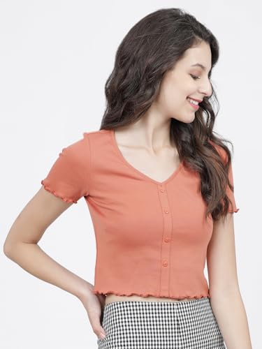 Image of Tokyo Talkies Women's Regular Fit Tshirts | Solid | Short Sleeves |V-Neck | Western Tshirts