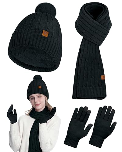 Horolam Winter Hat Scarf Gloves Set, Warm Knit Beanie Hat with Pom Pom Touch Screen Gloves for Women for Christmas Cold Weather Gifts