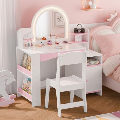MU Kids Vanity with Lights, Princess Makeup Vanity Desk with Open Bookshelf, Storage Cabinet & Shelves, 2 in 1 Toddler Vanity Table & Chair Set with Lighted Mirror for Little Girls (White)