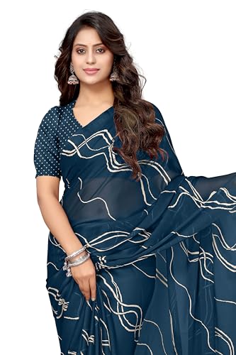 Image of MIRCHI FASHION Saree for Woman Chiffon Georgette Geometric Printed | Lightweight Farewell and Women's Office Sari with Blouse Piece