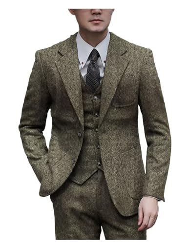 Men's Tweed Suit 3 Piece Winter Spring Blazer Vest Pants Business Casual Formal Striped Jacket Set
