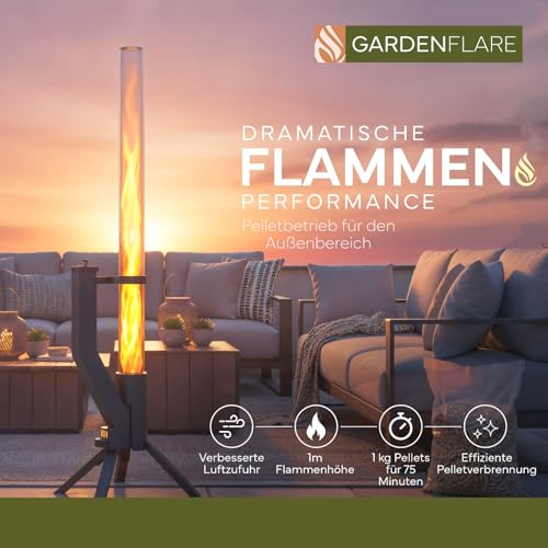 GARDENFLARE Feuerrohr Klassik – Edelstahl Feuersäule und Pelletfackel für Tolles Ambiente Feuer – Rauchfreie Feuerschale Alternative für Terrasse und Garten (Schwarz Pulverbeschichtet)