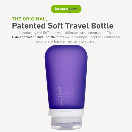 Image of humangear GoToob+ (Large) | Refillable Silicone Travel Bottle | Locking Lid | Food-Safe Material | Purple, Large (3.4 fl.oz.; 100ml)