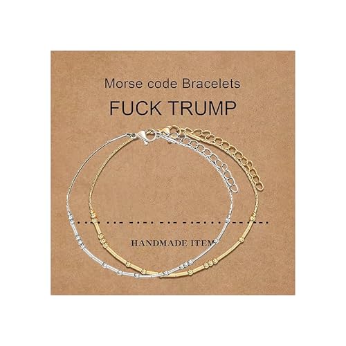 Fck Trump Morse Code Bracelets for Women Man Funny Words Secret Gift Card USA Anti Trump Activist Political Statement Stainless Steel Beads Bracelets Friendship Stackable Inspirational Jewelry (F Gold&Silver)