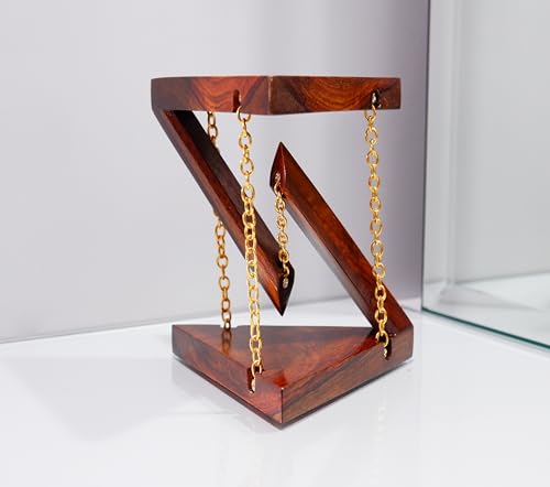 Image of Tensegrity Diwali Gift, Solid Wood, Triangle Shape | Home & Office Decor, Showpiece, Light Weight, Vintage Brown Surface with Gold Finish Chain