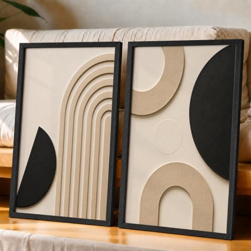 Image of NoWorries Abstract Geometric Wall Painting Set of 2 with Frame | Black Beige Arch & Circle Texture Artwork, Modern Minimal Wall Decor for Living Room, Bedroom, Office and Home Decoration (Art-20, 17x25inch)