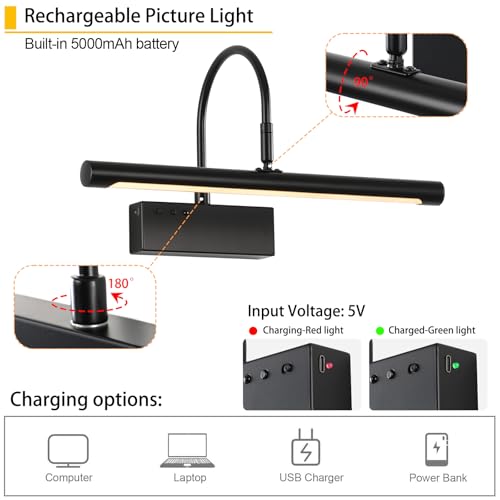 Image of Picture Light, 5000mAh Battery Rechargeable Wall Sconce,16 inch Black Art Painting Light with Remote Dimmable, 3 Color temperatures & Timmer Art Lights for Paintings,Picture Frame,Gallery