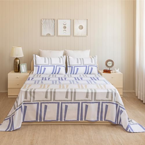 Image of HOMEMONDE Cotton Flat Sheet with Two Pillow Covers | Super Soft All-Season Bed Sheet for King Size Bed (108 x 108 Inches / 274 x 274 cm, Modern Maze), Multi | Perfect for Home Decor & Gifting