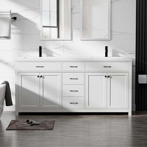 LUCKWIND 72' Bathroom Vanity and Sink Combo, Painted Modern Bathroom Storage Cabinet with Double Large Sink, Four Doors and Three Drawers, Include Faucet, Without Mirror, White
