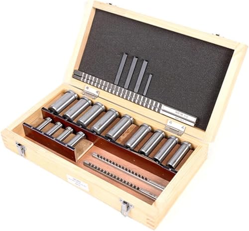 Keyway Broach Kit 22 Pcs Keyway Broach Set Collared Bushing Shim Sets in Fitted Box, Metric Size 4 pcs Broach & 13 Collared Bushing & 5 Gaskets, High Speed Steel Material Metalworking Industrial Tools