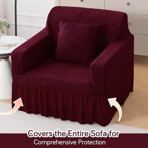 Image of HOKIPO 240 GSM Premium Jacquard Fully Covered Stretchable Sofa Cover for 1 Seater, 'Serene Wave Series' Wine (AR-6352-WINE)