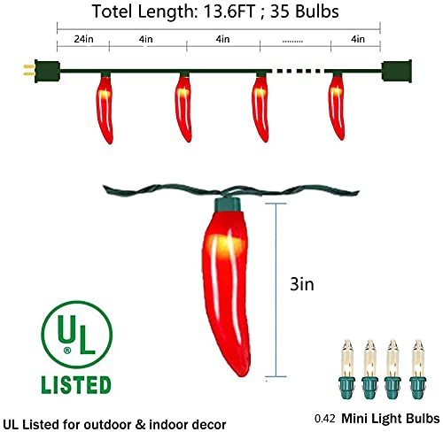 Image of Chili Pepper String Lights Plug in, 13.6Ft 35 LED Red Chili Pepper Christmas Lights, Connectable Chili Lights UL Listed for Outdoor Indoor Kitchen Garden Fiesta Patio Mexican Party Decor, Green Wire