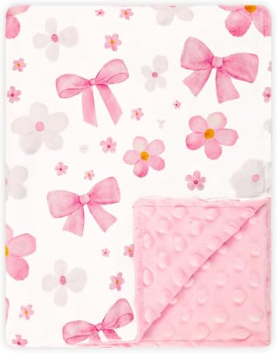 Image of Hooyax Baby Blanket for Girls, 30x40 Inch Double-Sided Soft Blanket with Bow & Flower Print, Soft Plush & Dotted Backing, Swaddling Receiving Blanket for Travel, Stroller & Nursery, Baby Gift