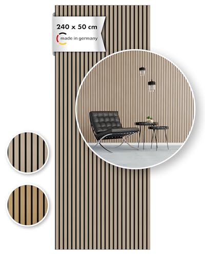 Momento Akustikpaneele Holz 240x50 cm - Made in Germany - Eiche Natur Dekor - Wandverkleidung Wandpaneele Holz Eiche als 3D Lamellenwand für effektiven Schallschutz - Akustik Holzpaneele Wand