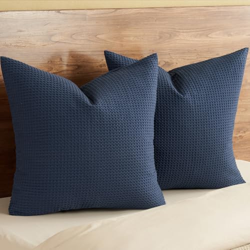 PHF 100% Cotton Waffle Weave Throw Pillow Cover, 24" x 24", No Filling, 2 Pack Elegant Home Decorative Square Throw Pillow Covers for Bed Couch Sofa, Dark Navy by PHF - Used condition - US$20.67