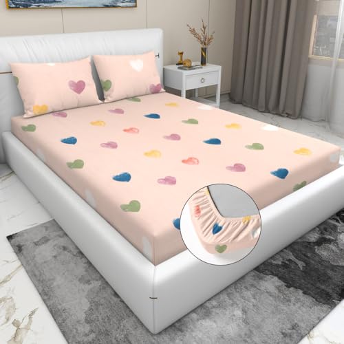 Image of RD TREND Waterproof Elastic Fitted Bedsheet, Queen Size 78x60x8 Inch, with 2 Waterproof Pillow Covers 18x28 Inch, Washable, Wrinkle Resistant Pink Multi Heart