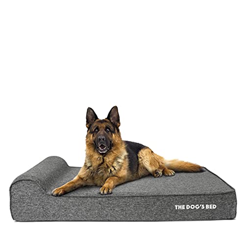 The Dog’s Bed – Orthopaedic Memory Foam Bed with Headrest, Waterproof Washable Cover, Anti-Slip Base, Calming Surface – CertiPUR-Certified Foam, Grey Linen, XL, 15cm Thick