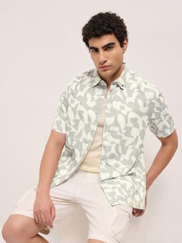 Image of THE BEAR HOUSE Men's Blue Tailored Fit Full Sleeve Cotton Printed Shirt