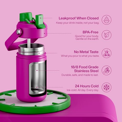 Image of ENCOOL Kids Insulated Water Bottle with Straw - 12oz Stainless Steel Water Bottle with Dual Spouts, Leak-Proof, BPA-Free, Double Wall Vacuum Keeps Cold for 24 Hours for Sports, Travel (Knockout Pink)
