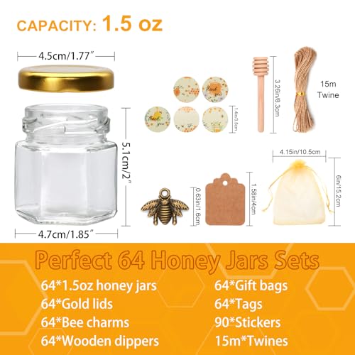 Woaiwo-q 64pack 1.5oz Mini Honey Jars(Gold Lids), Glass Hexagon Honey Jars with Dippers,Cute Stickers,Bee Pendants,Gift Bags and Jute for Wedding Favors,Baby Showers,Party Favors,Birthdays & Jams