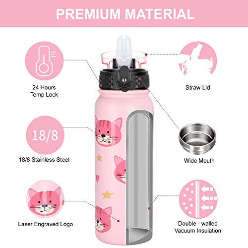 GOPPUS 600ml/20oz Stainless Water Bottle with Straw Double Wall Insulated Bottles with Strap One Hand Open Vacuum Thermal Flask Leakproof Keep Cold Bottles with Flip Top Lid BPA Free (Pink Cat) - Image 2