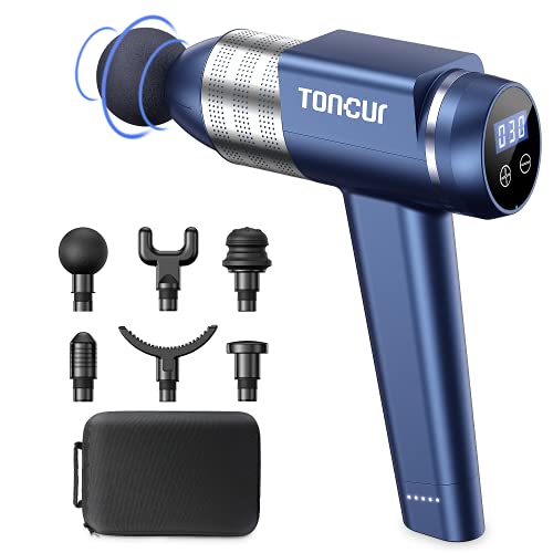 Toncur Pistola de Masaje Muscular, Masajeador de Músculos de Tejido Profundo Ultra Silenciosos 32 dB Massage Gun, 30 Niveles Ajustables, 3200 RPM, Diseño 105°, 6 Cabezales de Masaje, para Relajación