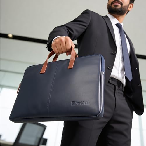 Image of BonKaso Slimline 14 Inch Laptop Sleeve | PVC Foam Leather Water Resistant Padded Laptop Cover | Slim Lightweight Laptop Case for Office Travel | Laptop Sleeve for Men & Women - Blue