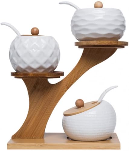 XWBLDBDFC Juego de 3 tarros de especias con soporte de cerámica para azúcar, con cucharas para servir y tapa, 24 x 24 x 24 cm, para especias, hierbas y pimienta