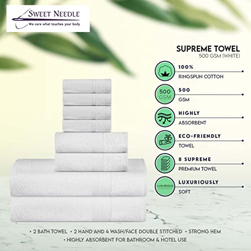 Supreme Premium Cotton Luxury Towels Set by Sweet Needle, White - 2 Bath Towel, 2 Hand and 4 Wash/Face - 500 GSM, Double Stitched, Strong Hem, Highly Absorbent for Bathroom & Hotel Use (8 Piece) - Image 2