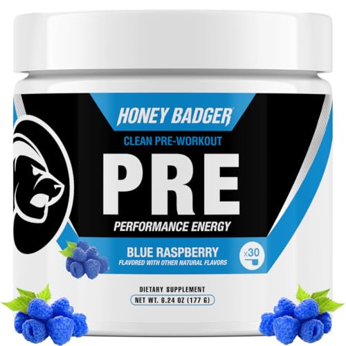 Image of Honey Badger Pre Workout Powder, Keto Vegan Preworkout for Men & Women, Beta Alanine & Caffeine, Sugar Free Natural Energy Supplement, Blue Raspberry, 30 Servings