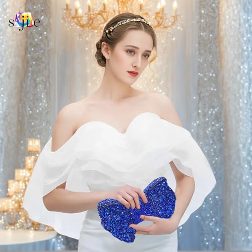 Image of Handmade Inlay Rhinestone Bow Clutch Bag for Women, Sparkling Evening Party Wedding Purse with Detachable Pearl Chain