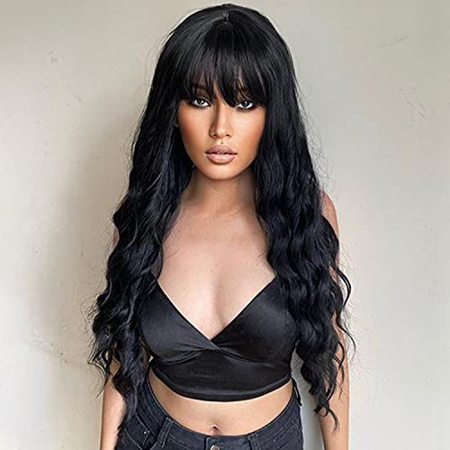 N&T Nicole and Tulip N&T Long Wavy Wig With Air Bangs Synthetic Hair Wigs for Women Natural Looking Heat Resistant Natural Black Color 26 inches