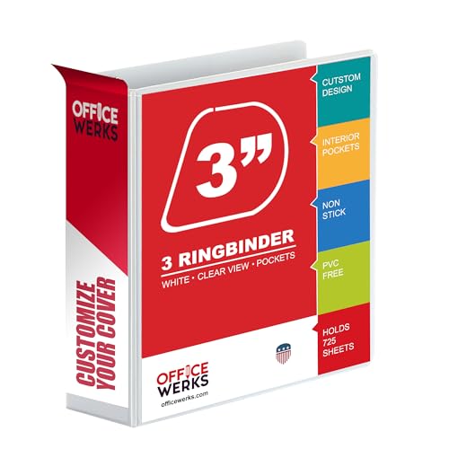 3 Inch 3 Ring Binder with Pockets Heavy Duty D-Ring Holds 725 Sheets Customizable Clear View Cover Durable PVC-Free Non-Stick Professional Loose Leaf for 8.5 x 11 Inch Paper White 1 Pack