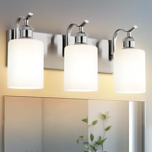 Image of Milk Glass Bathroom Light, 3-Light Vanity Light Fixture, Brushed Nickel Wall Sconce, VL01BNW-3