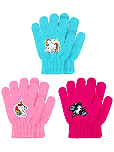 Geyoga 3 Pairs Kids Gloves Winter Toddler Gloves Full Fingers Knitted Glove Kids Unicorn Warm Mittens for Aged 4-10(Bright Style)