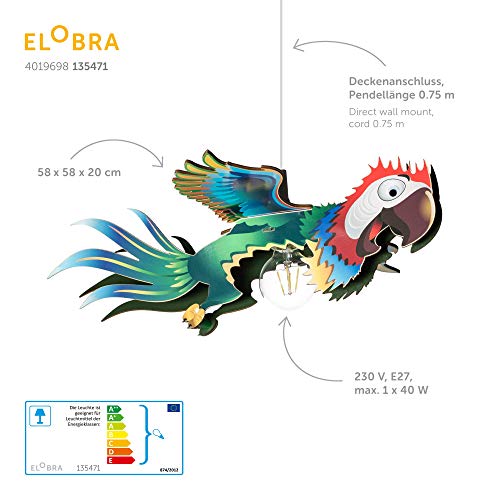 Elobra - Lampada a sospensione per bambini, in legno, 40 W, motivo: pappagallo, colore: blu - Image 3