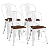 COSTWAY Tolix Style Dining Chairs Industrial Metal Stackable Cafe Side Chair w/Wood Seat Set of 4 (White and Brown)