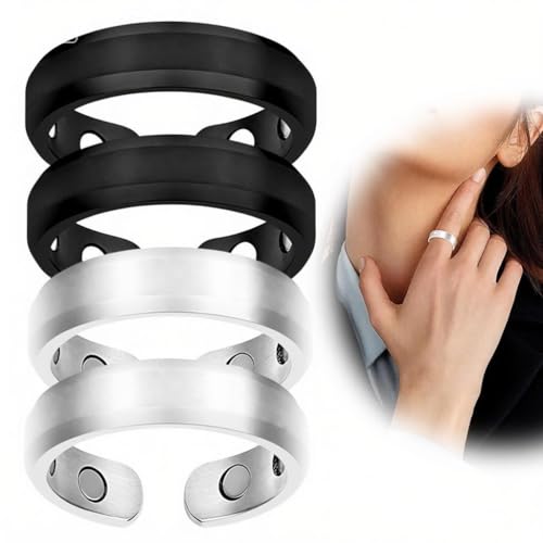 GXGM 4 Piezas de Anillos Magnéticos, Terapéuticos para Drenaje linfático, Anillos para Adelgazar, Anillo Abierto para Hombre y Mujer, Juego de Anillos (Negro + Plata)